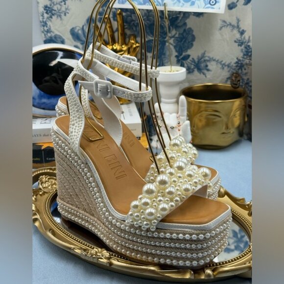 🆕 GIANNI BINI 🧿 NWOB Savanna Pearl Ornamented Platform Wedge Sandals, Sz 8 - Picture 11 of 14